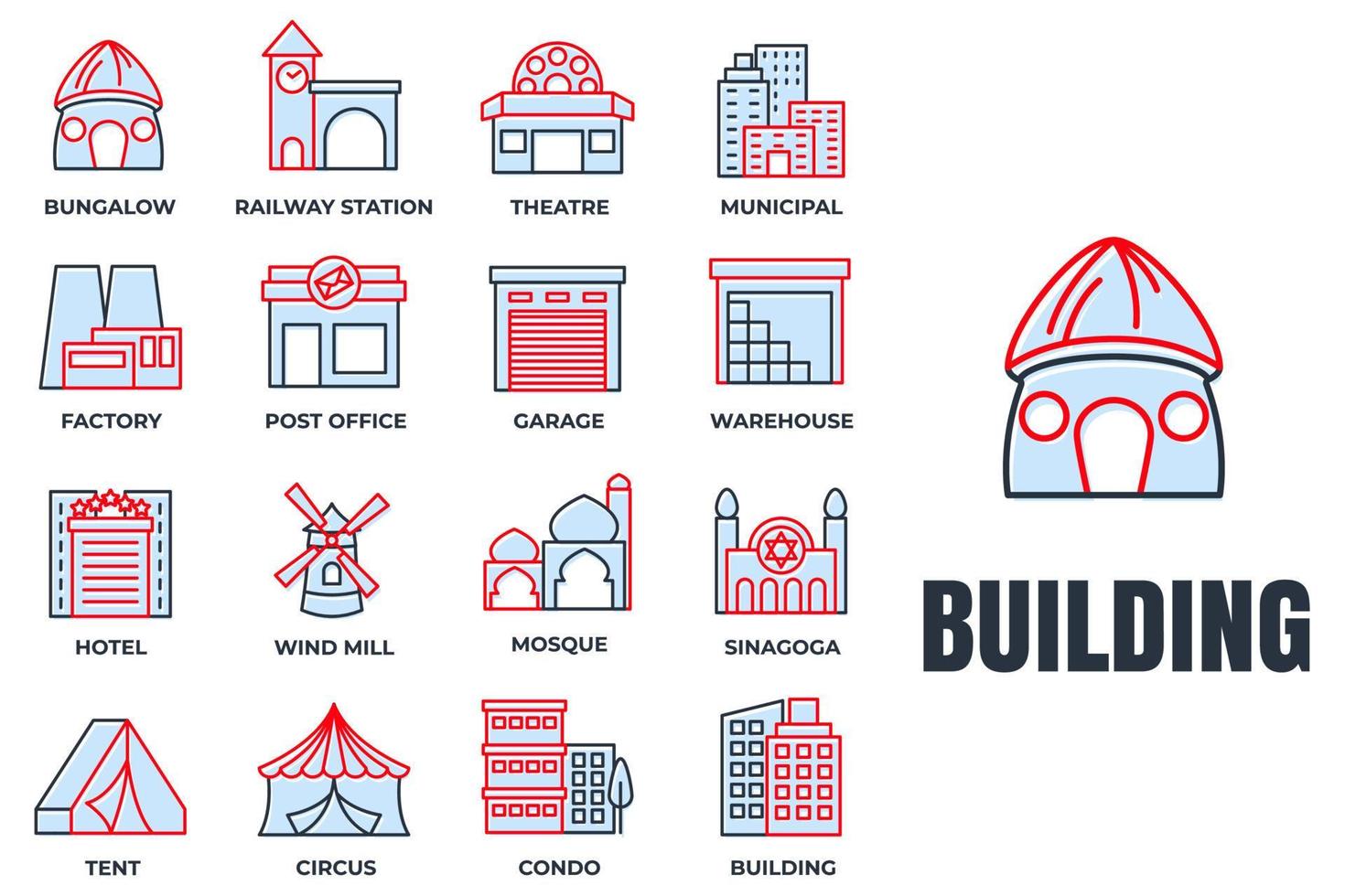conjunto de ilustración de vector de logotipo de icono de edificio. municipal, hotel, garaje, bungalow, mezquita, estación de tren y más plantilla de símbolo de paquete para la colección de diseño gráfico y web