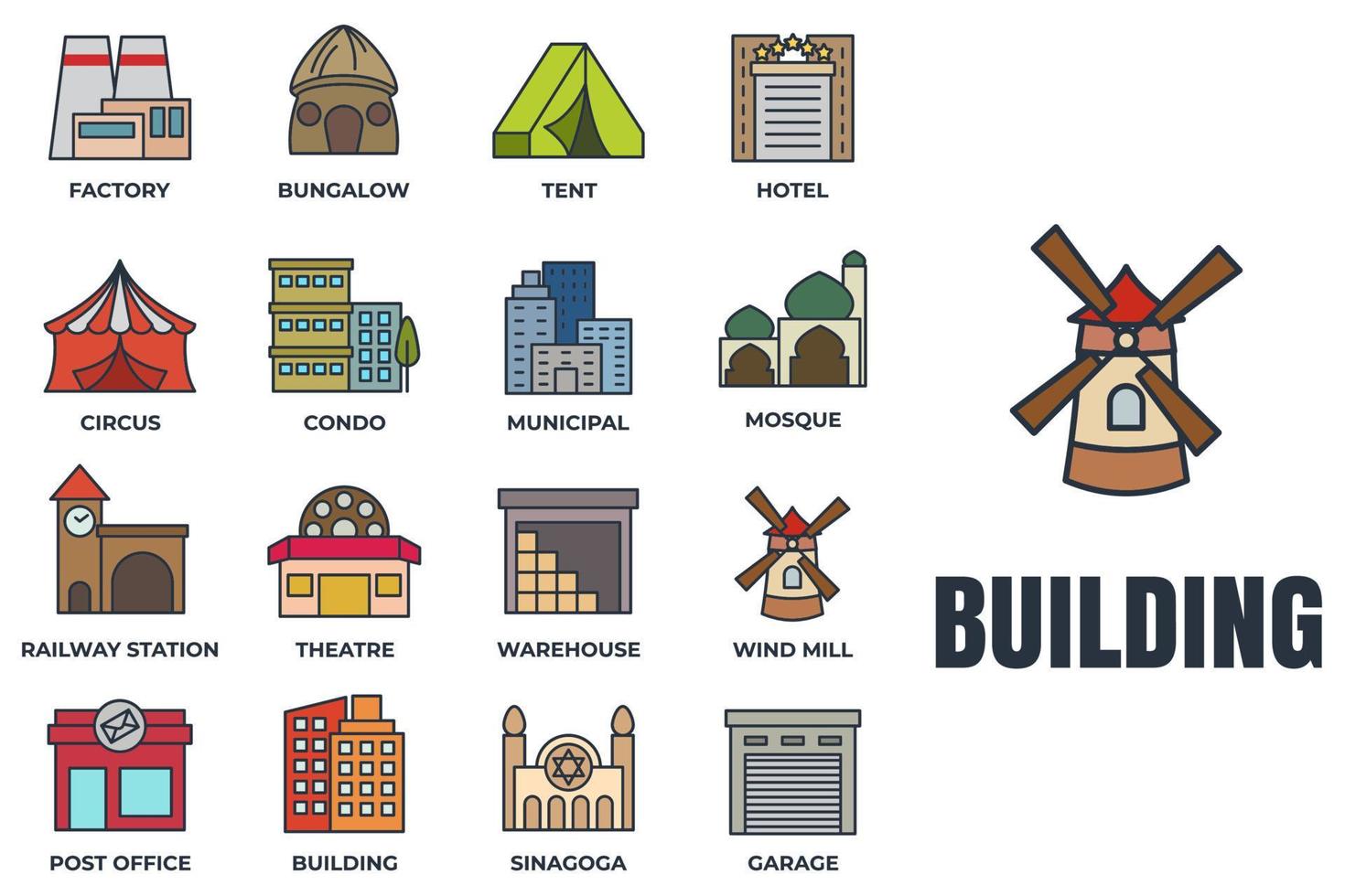 Set of Building icon logo vector illustration. municipal, hotel, garage, bungalow, mosque, railway station and more pack symbol template for graphic and web design collection