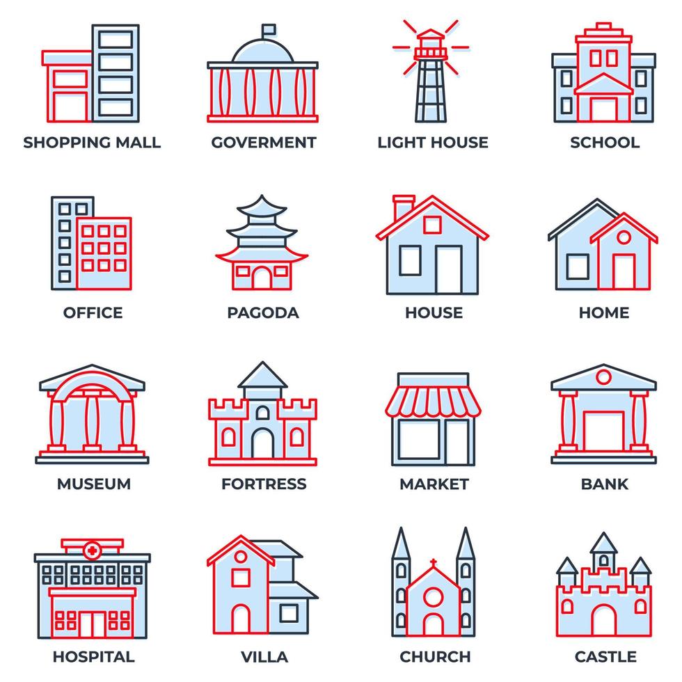 conjunto de ilustración de vector de logotipo de icono de edificio. banco, centro comercial, castillo, fortaleza, hospital, casa y más plantilla de símbolo de paquete para la colección de diseño gráfico y web