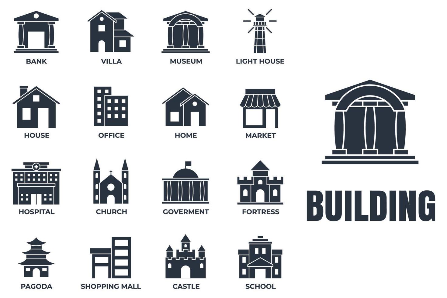 Set of Building icon logo vector illustration. bank, shopping mall, castle, fortress, hospital, house and more pack symbol template for graphic and web design collection