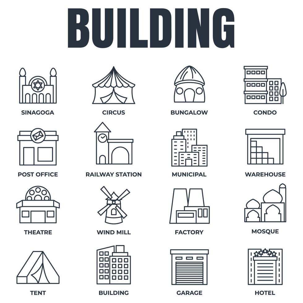 Set of Building icon logo vector illustration. municipal, hotel, garage, bungalow, mosque, railway station and more pack symbol template for graphic and web design collection