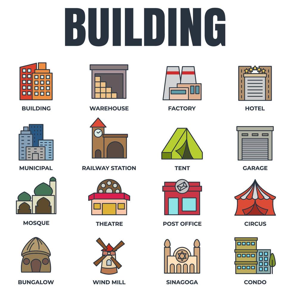Set of Building icon logo vector illustration. municipal, hotel, garage, bungalow, mosque, railway station and more pack symbol template for graphic and web design collection