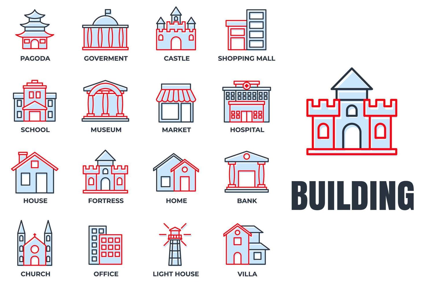 conjunto de ilustración de vector de logotipo de icono de edificio. banco, centro comercial, castillo, fortaleza, hospital, casa y más plantilla de símbolo de paquete para la colección de diseño gráfico y web