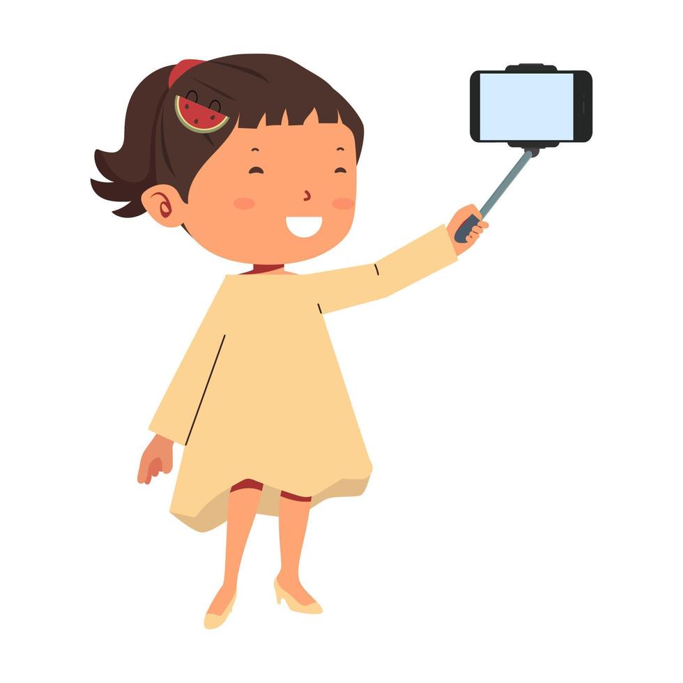 linda chica sosteniendo selfie stick con smartphone vector