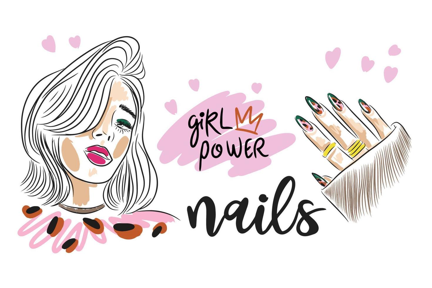 Fashion set, Girl power, Nails, handwritten quote, leopard manicure, girl vector