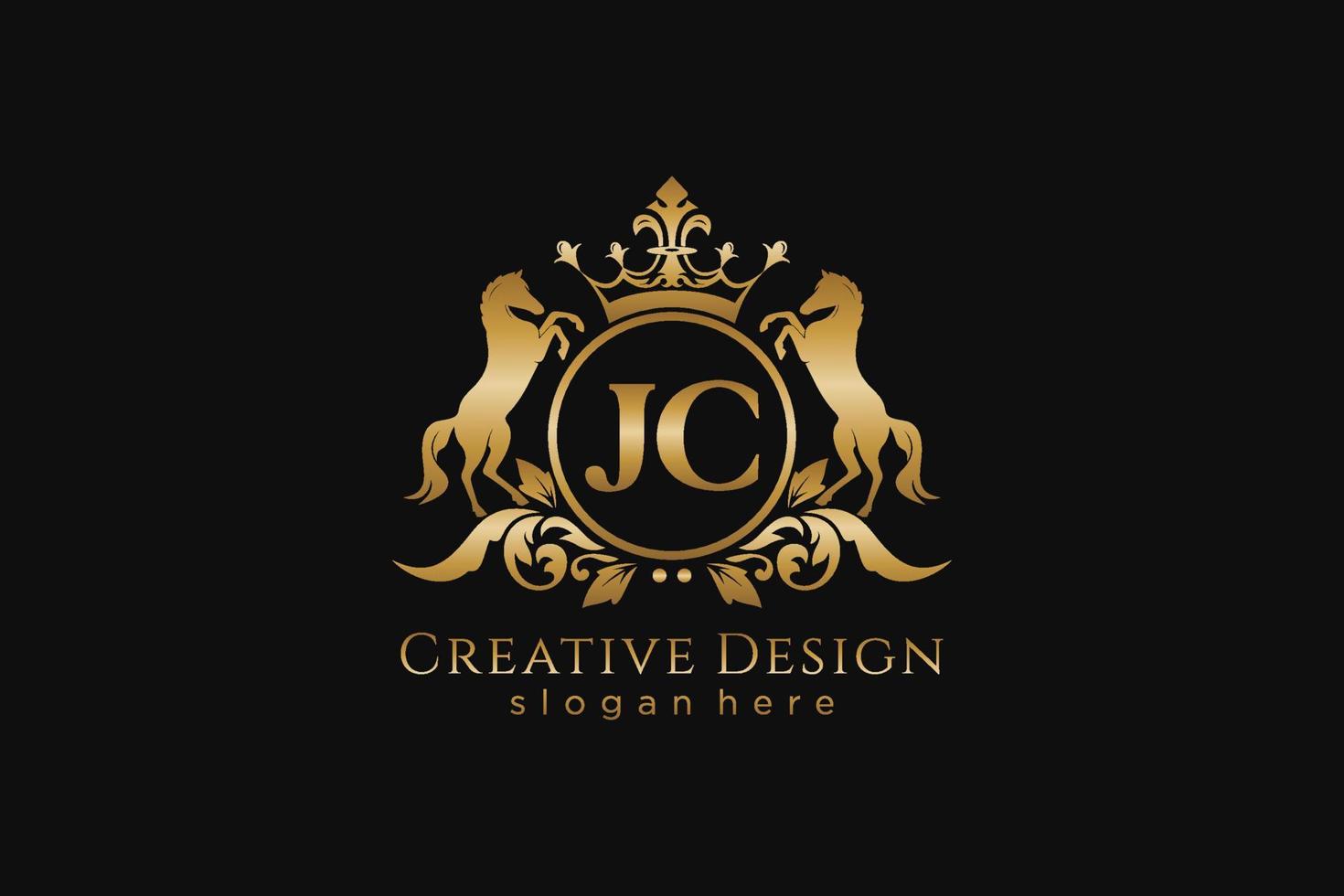 cresta dorada retro jc inicial con círculo y dos caballos, plantilla de insignia con pergaminos y corona real - perfecto para proyectos de marca de lujo vector