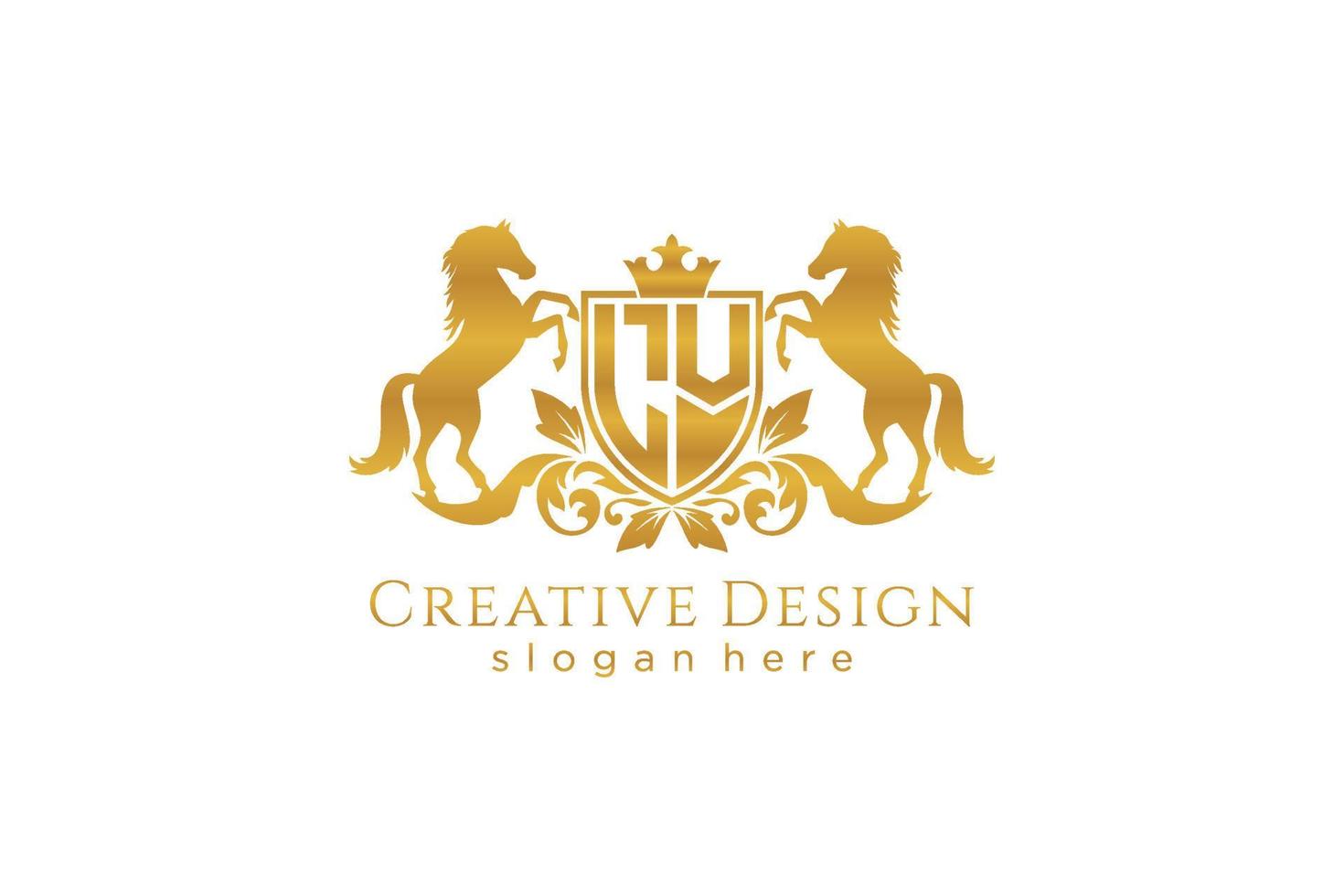 initial LV Retro golden crest with shield and two horses, badge template with scrolls and royal crown - perfect for luxurious branding projects vector