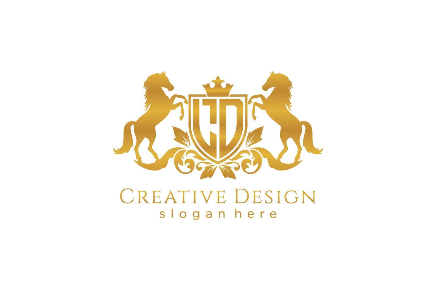 initial LD Retro golden crest with shield and two horses, badge template with scrolls and royal crown - perfect for luxurious branding projects vector