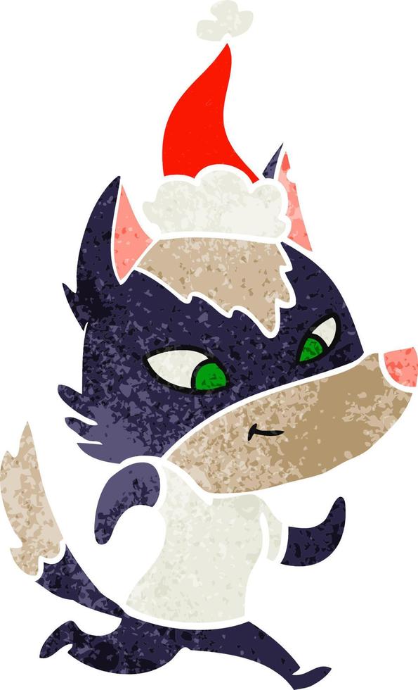 friendly retro cartoon of a wolf wearing santa hat vector