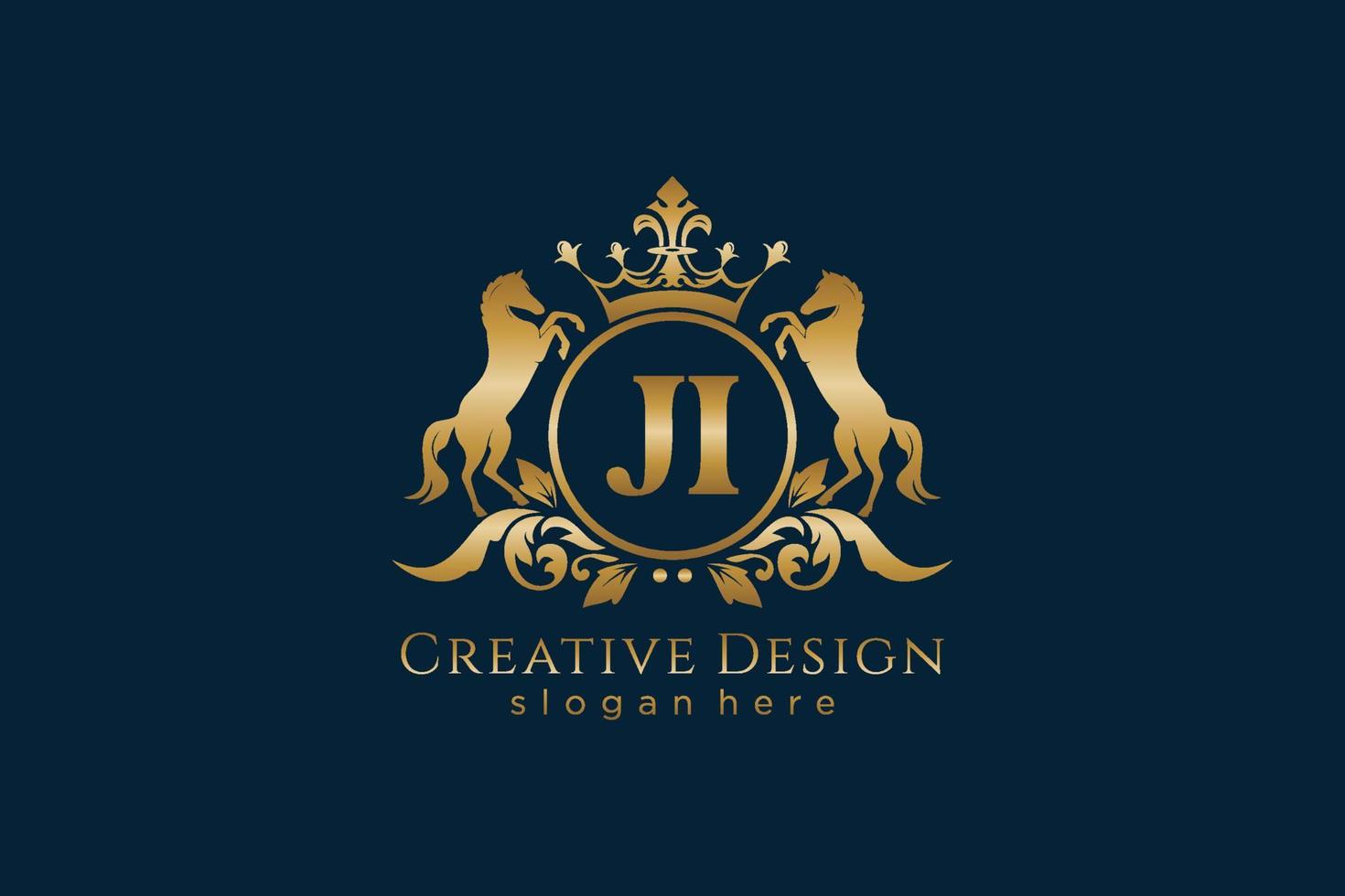 initial JI Retro golden crest with circle and two horses, badge template with scrolls and royal crown - perfect for luxurious branding projects vector