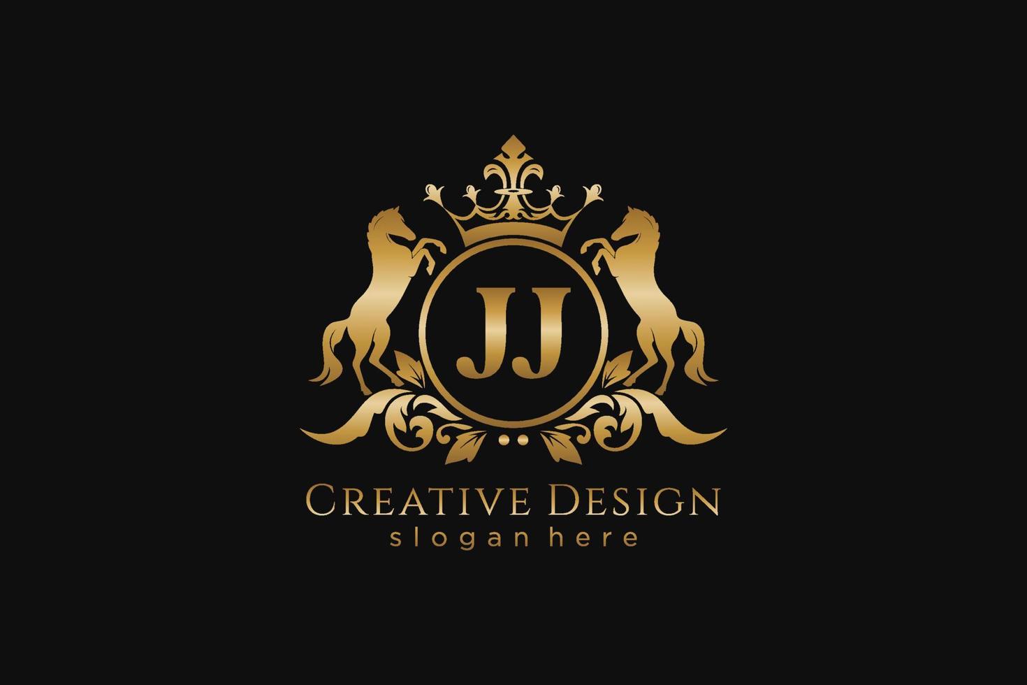 initial JJ Retro golden crest with circle and two horses, badge template with scrolls and royal crown - perfect for luxurious branding projects vector