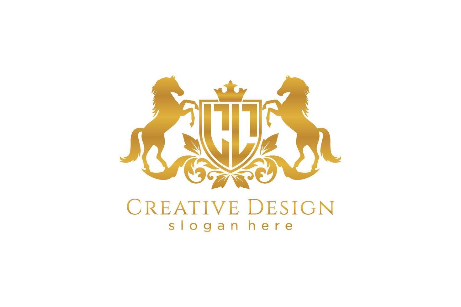 initial LL Retro golden crest with shield and two horses, badge template with scrolls and royal crown - perfect for luxurious branding projects vector