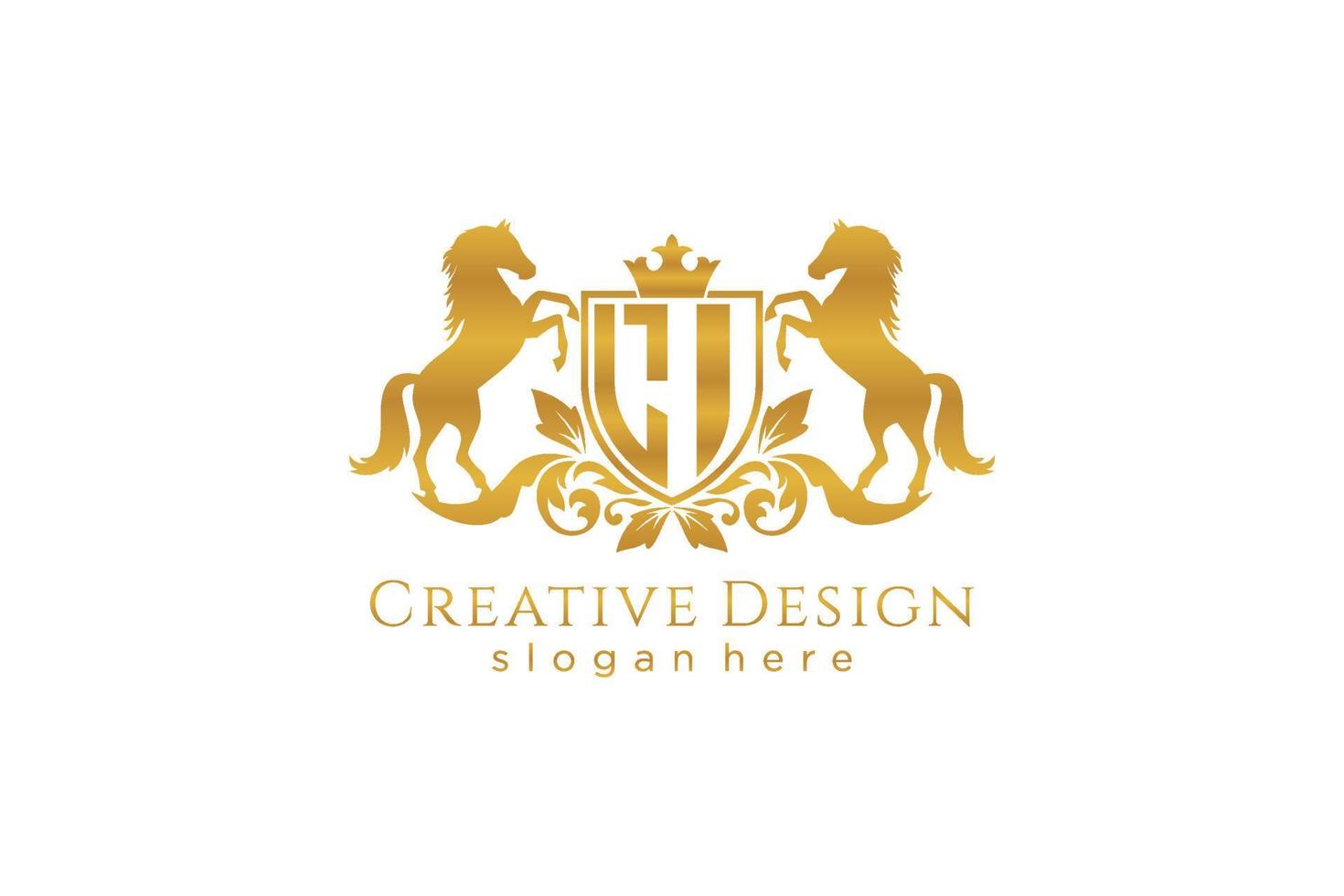 initial AA Retro golden crest with shield and two horses, badge template with scrolls and royal crown - perfect for luxurious branding projects vector