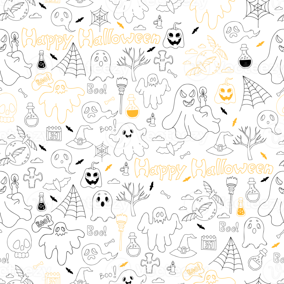 Seamless pattern Happy Halloween. Linear hand drawn doodles png