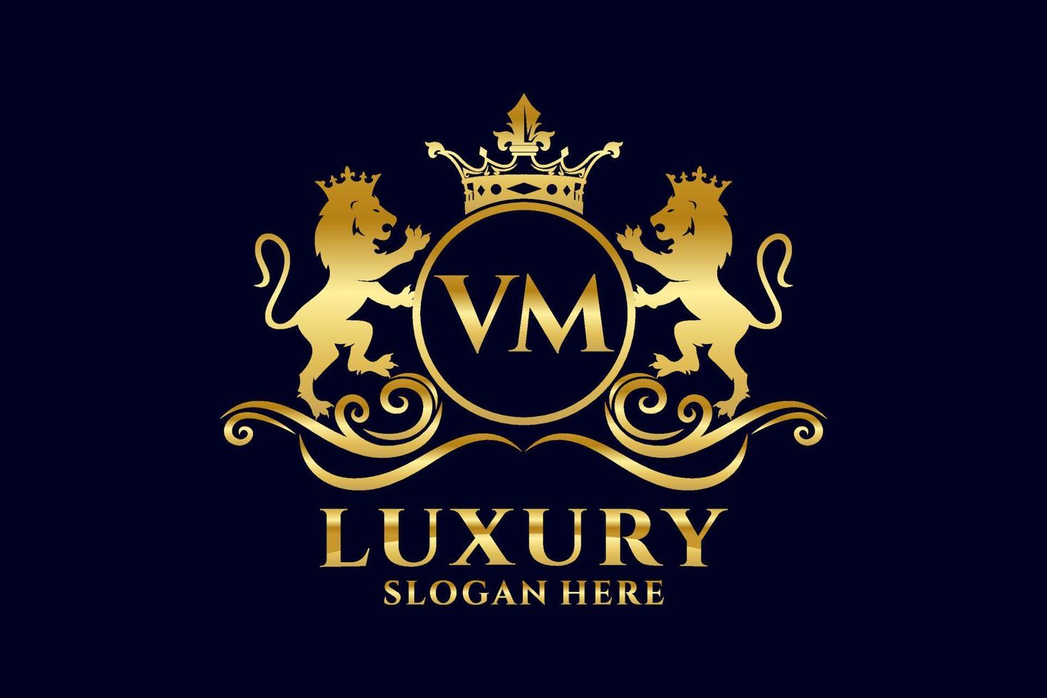 Initial VM Letter Lion Royal Luxury Logo template in vector art for luxurious branding projects and other vector illustration.
