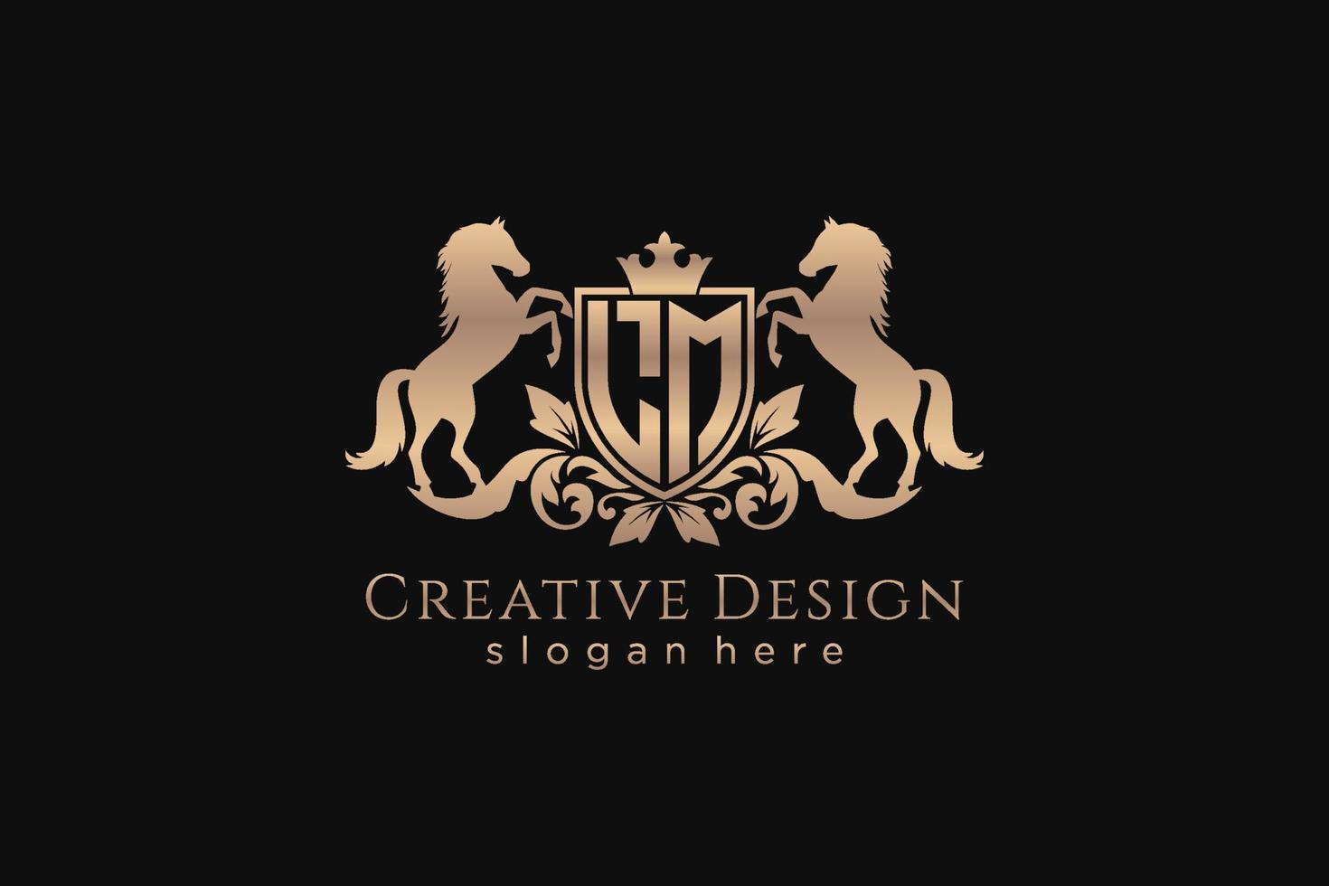 initial LM Retro golden crest with shield and two horses, badge template with scrolls and royal crown - perfect for luxurious branding projects vector