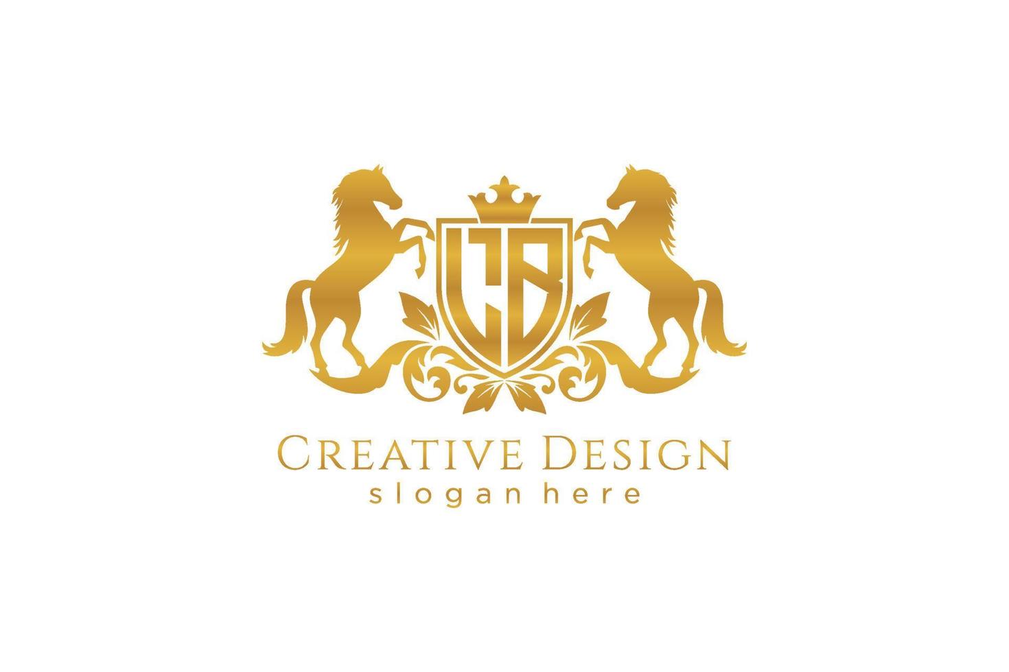 initial LB Retro golden crest with shield and two horses, badge template with scrolls and royal crown - perfect for luxurious branding projects vector