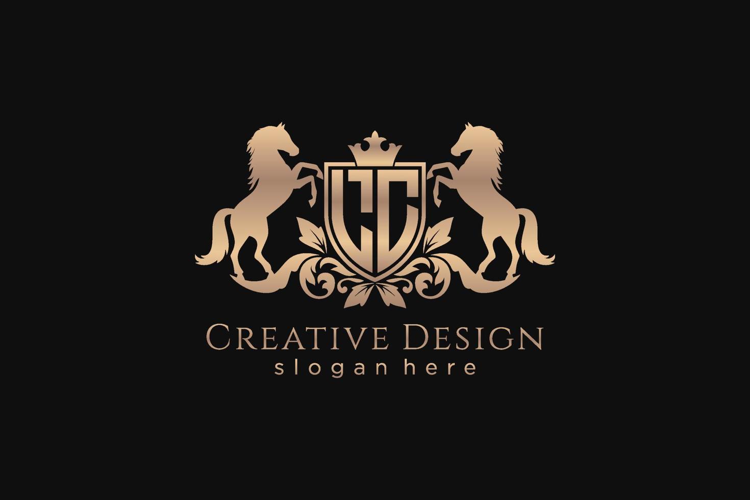 initial LC Retro golden crest with shield and two horses, badge template with scrolls and royal crown - perfect for luxurious branding projects vector