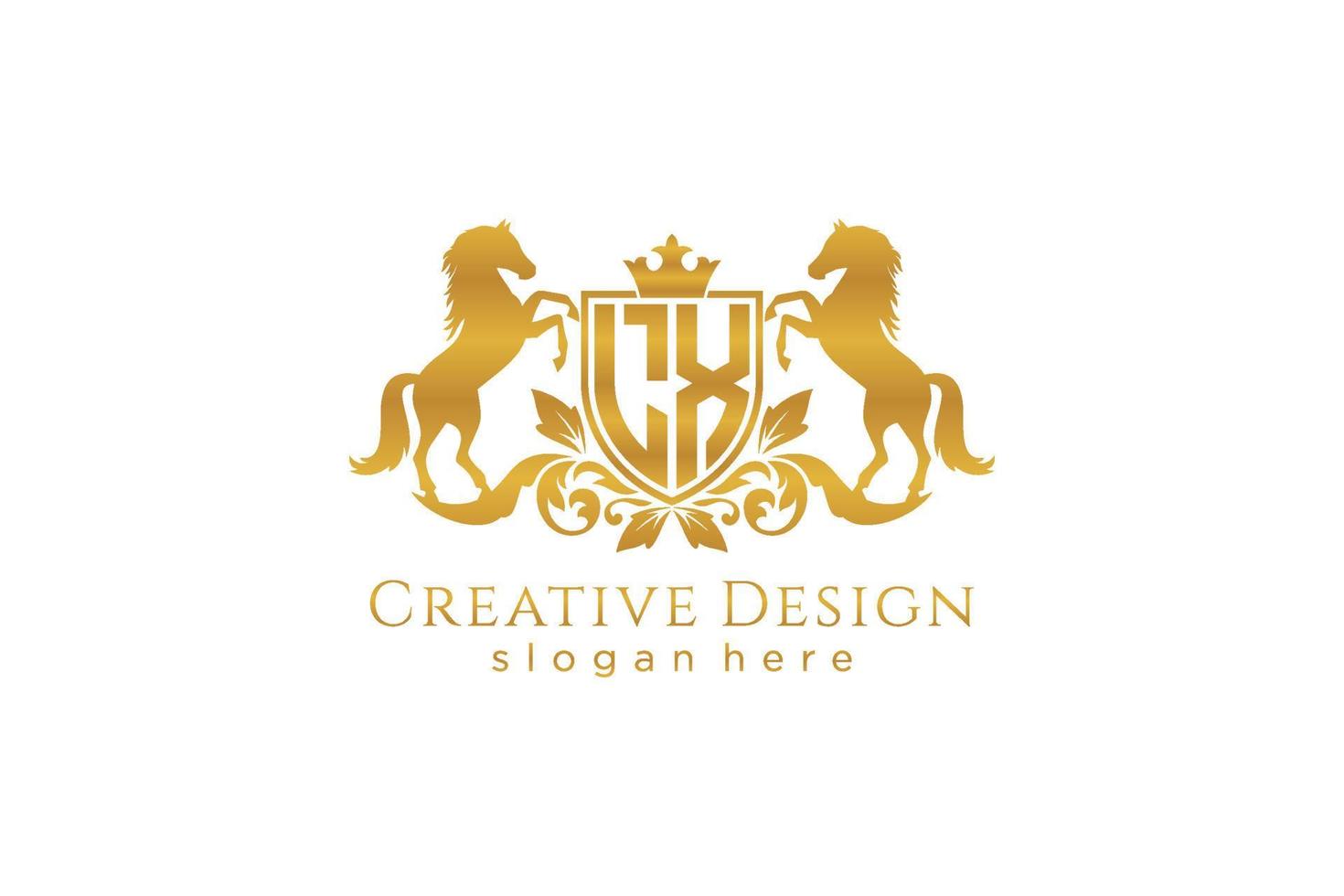 initial LX Retro golden crest with shield and two horses, badge template with scrolls and royal crown - perfect for luxurious branding projects vector