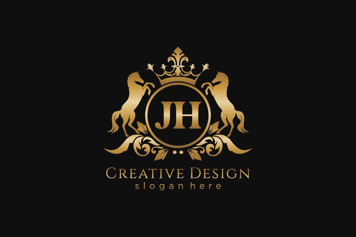 initial JH Retro golden crest with circle and two horses, badge template with scrolls and royal crown - perfect for luxurious branding projects vector