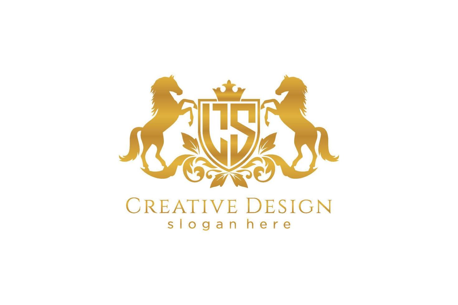 initial LS Retro golden crest with shield and two horses, badge template with scrolls and royal crown - perfect for luxurious branding projects vector