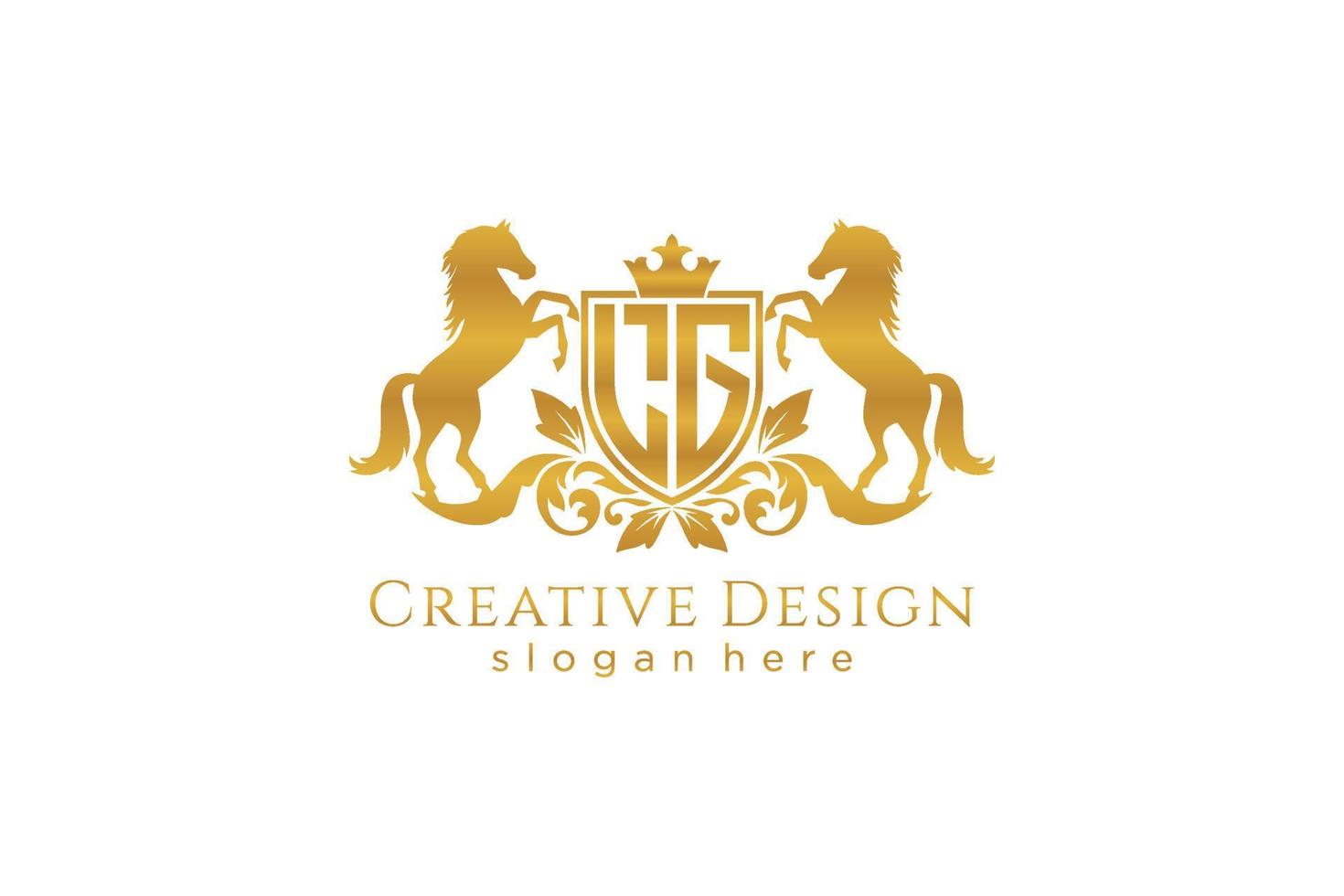 initial LG Retro golden crest with shield and two horses, badge template with scrolls and royal crown - perfect for luxurious branding projects vector