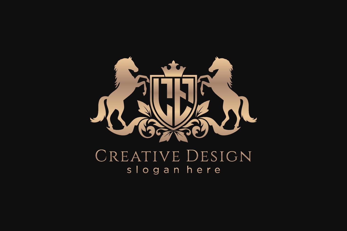 initial LT Retro golden crest with shield and two horses, badge template with scrolls and royal crown - perfect for luxurious branding projects vector