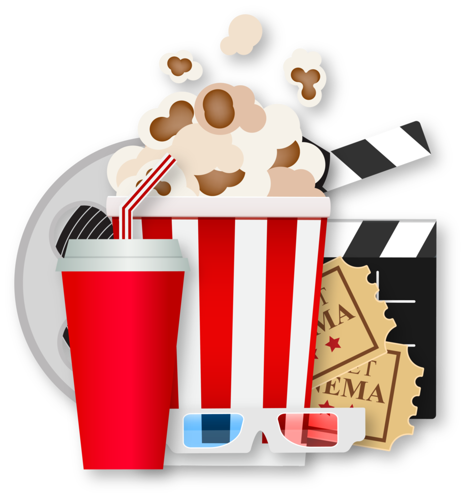 entradas de cine con palomitas de maíz, bebida y vasos png