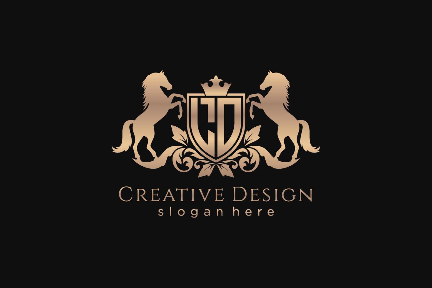 initial LO Retro golden crest with shield and two horses, badge template with scrolls and royal crown - perfect for luxurious branding projects vector