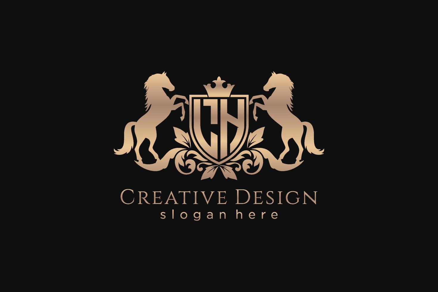 initial LH Retro golden crest with shield and two horses, badge template with scrolls and royal crown - perfect for luxurious branding projects vector