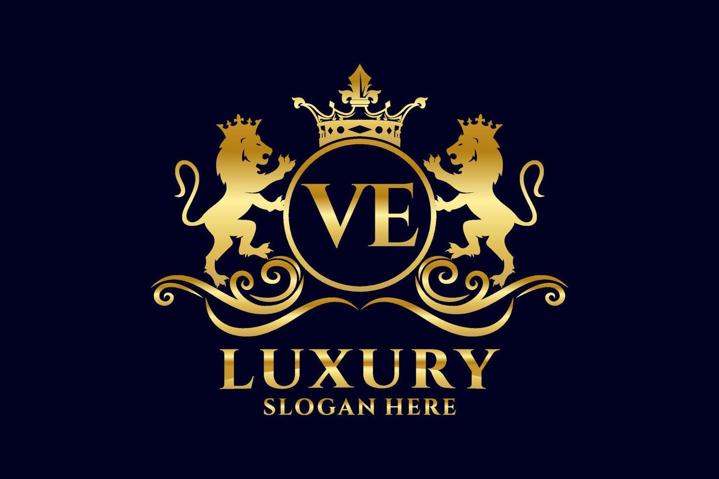 Initial VE Letter Lion Royal Luxury Logo template in vector art for luxurious branding projects and other vector illustration.