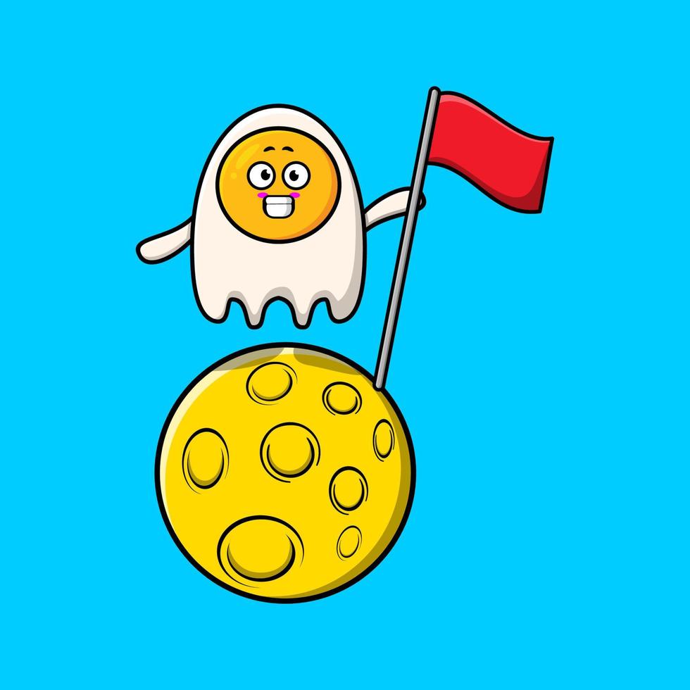 Cute dibujos animados huevos fritos de pie en la luna con bandera vector