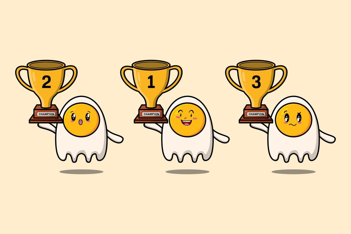 Set of cute cartoon fried eggs holding trophy vector