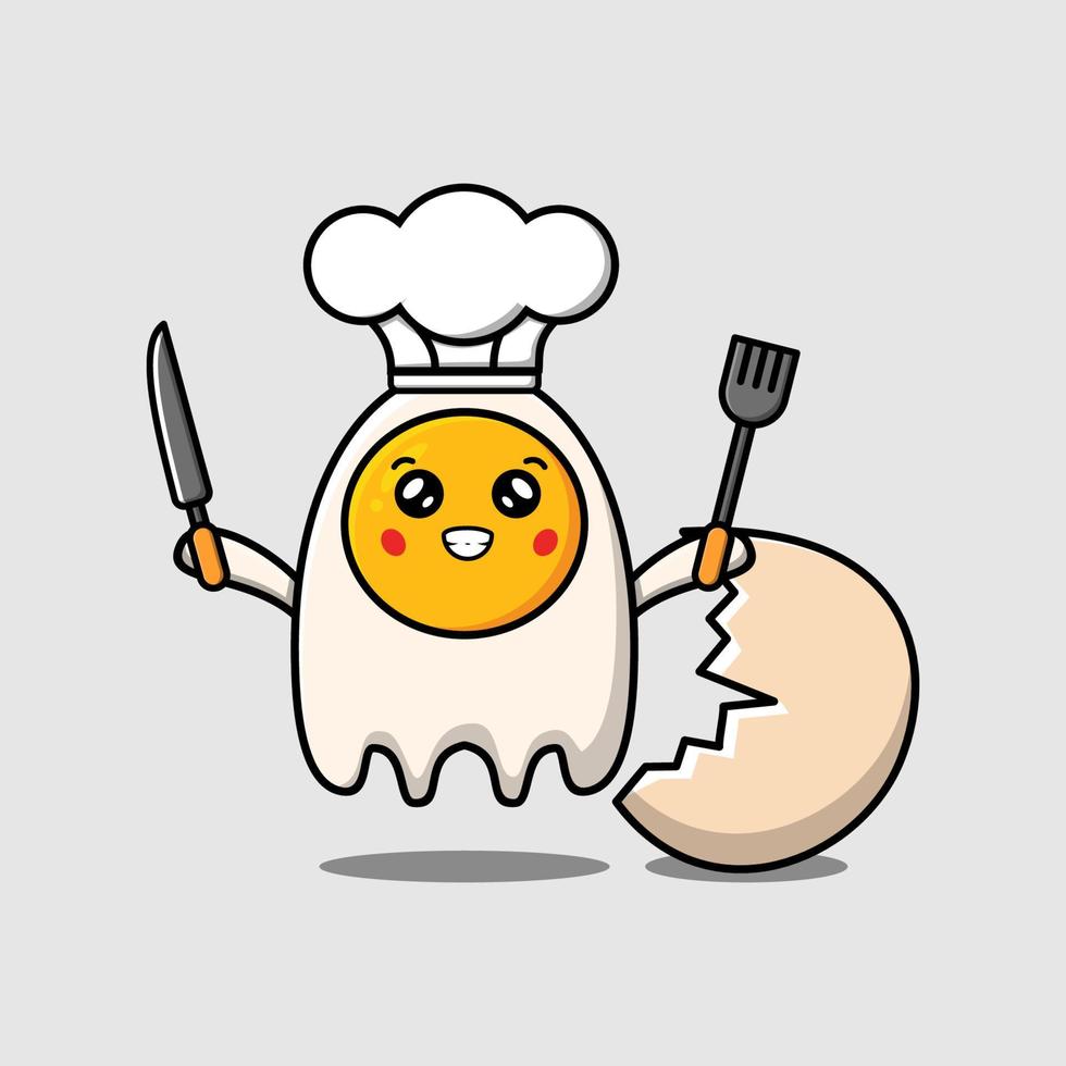 cartoon fried eggs chef holding knife and spatula vector