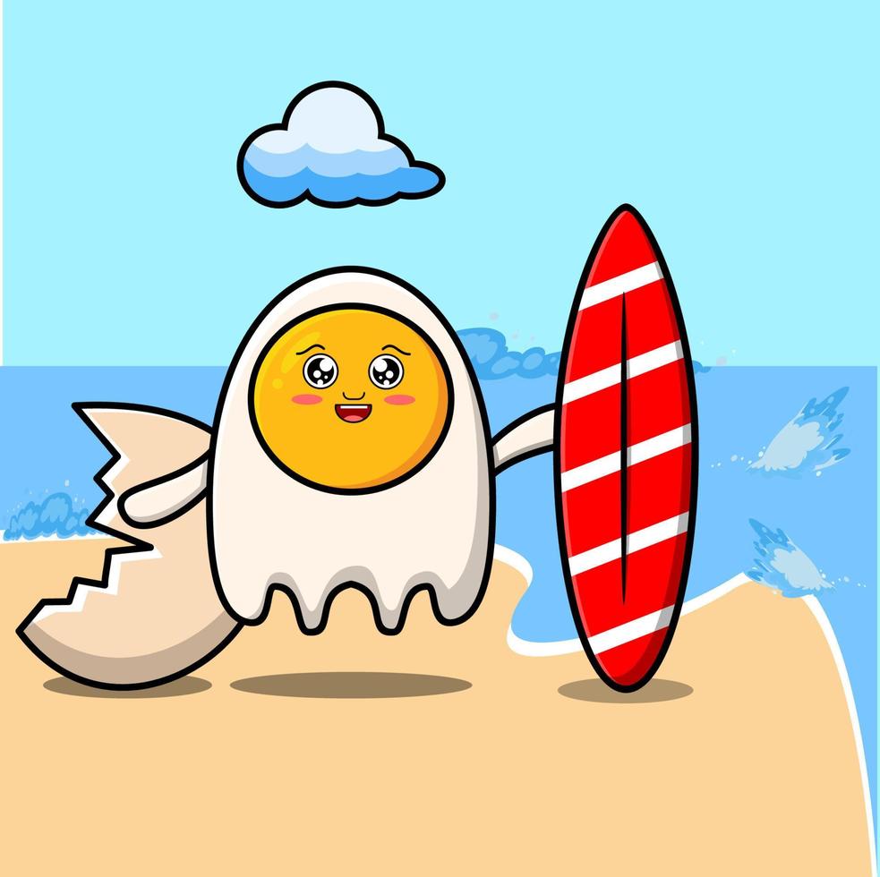 Cute cartoon fried eggs character playing surfing vector