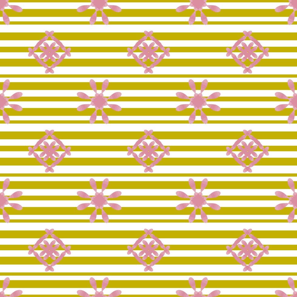 rayas amarillas y flores abstractas de color rosa sin fisuras, ideal para la impresión de telas bandana, cuello, chal, hiyab, papel, textil, papel pintado, alfombra, manta, cerámica o azulejos. vector