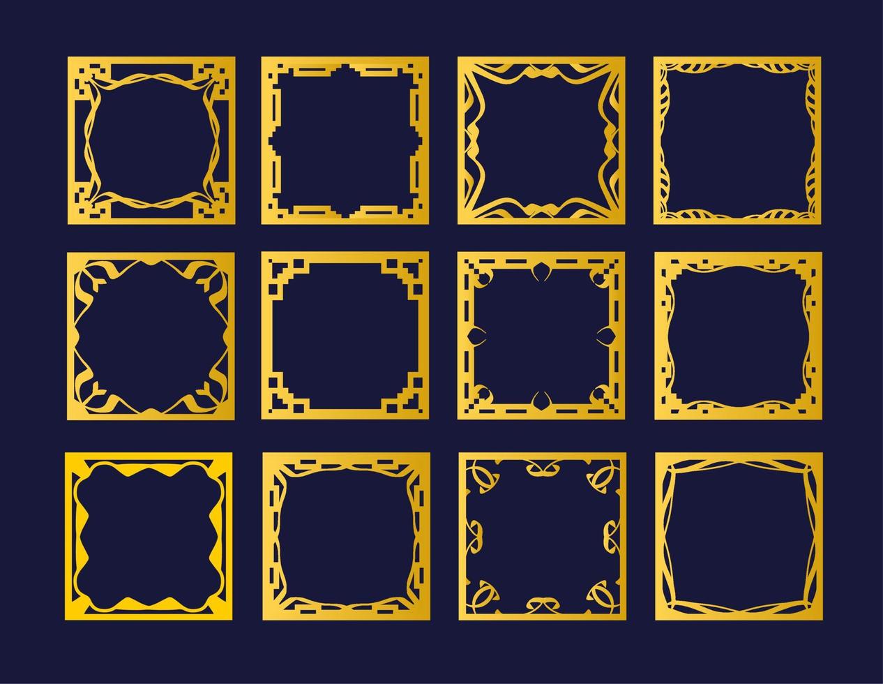 Set of Decorative Isolated frames. Elegant vector element for design, place for text with Golden border. Lace illustration for invitations and greeting cards. 12 square frames.