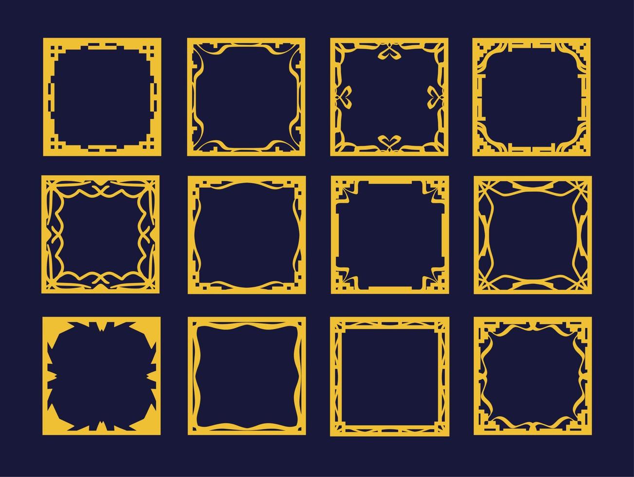 Set of Decorative Isolated frames. Elegant vector element for design, place for text with Golden border. Lace illustration for invitations and greeting cards. 12 square frames.