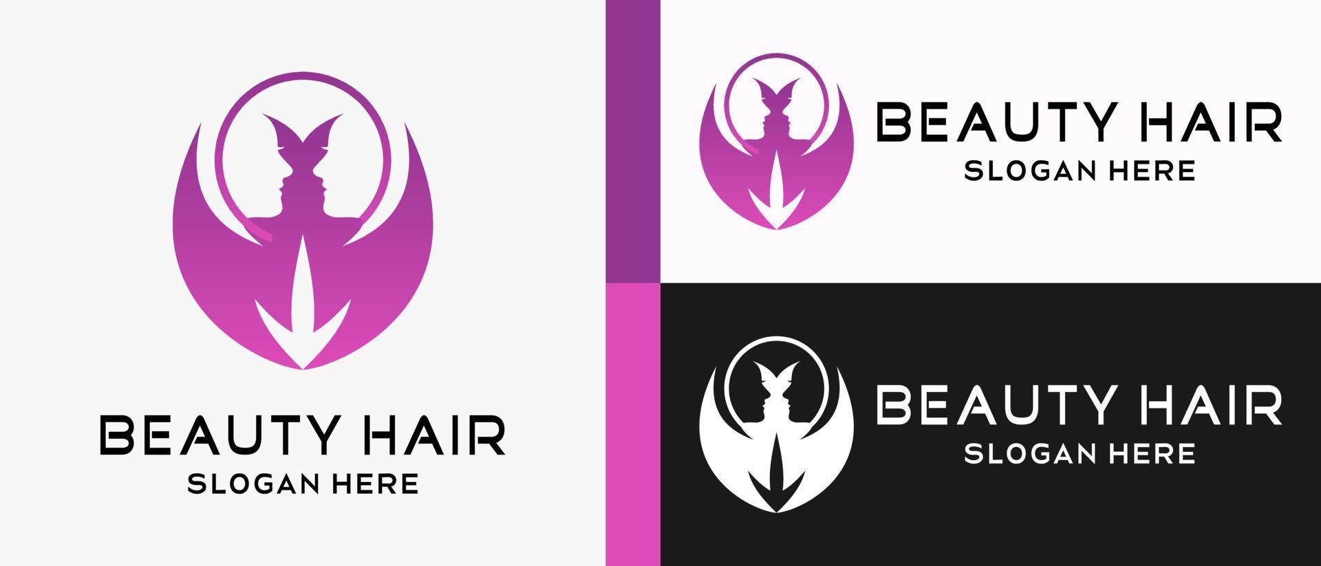 plantilla de diseño de logotipo de belleza con dos rostros femeninos y cabello con concepto creativo en círculo. ilustración del logotipo del cabello de belleza, cuidado del cabello y salón, vector premium