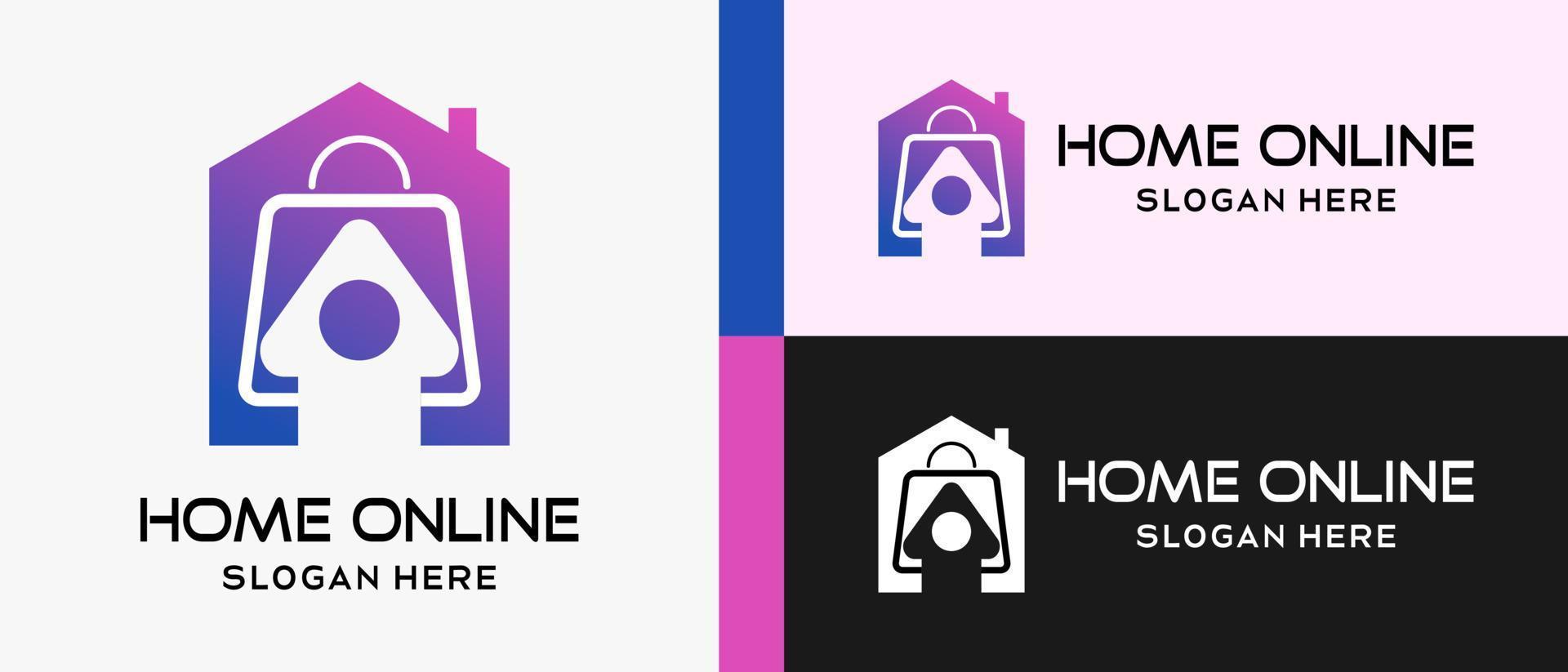 online shopping or online shop logo design template with shopping bag elements, cursor icon and house icon in creative concept. premium online shop logo illustration vector