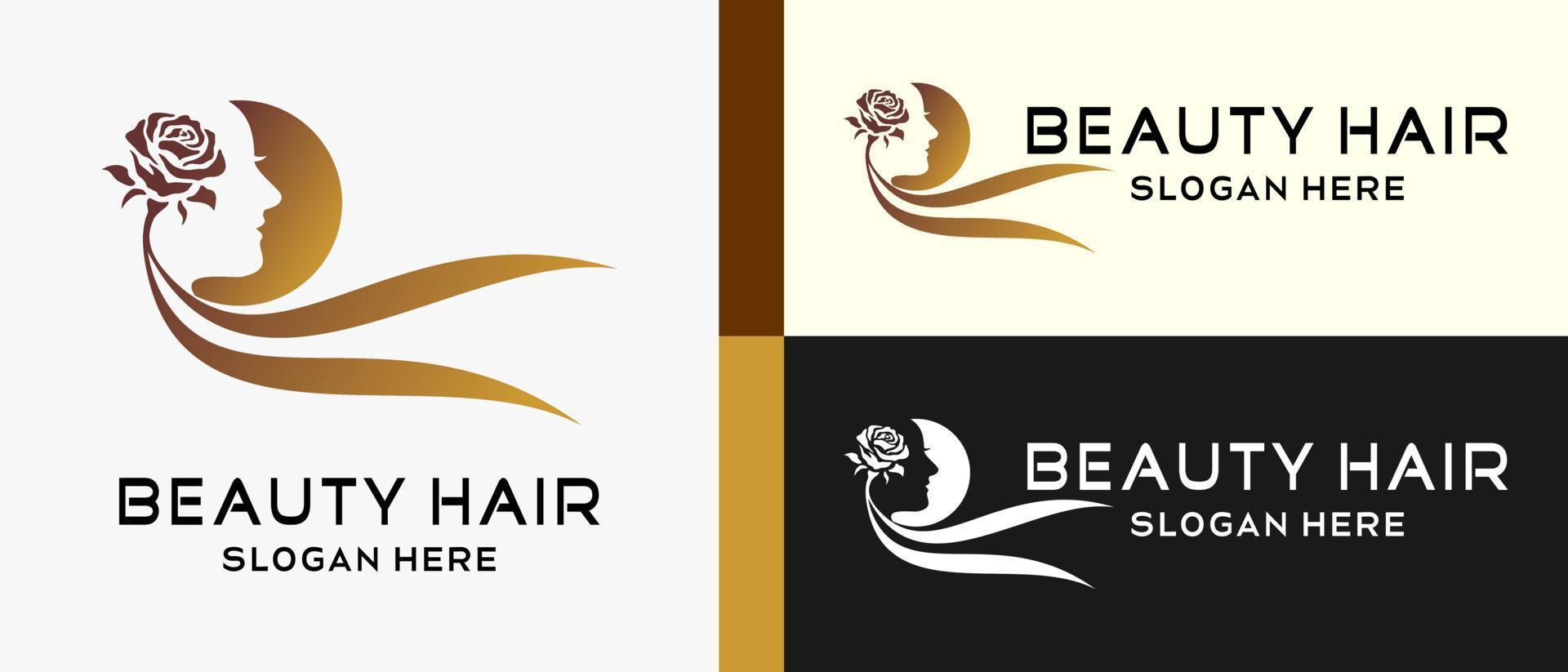 beauty logo design template with woman face, rose flower and hair with creative element concept. beauty hair logo illustration, hair care and salon, premium vector