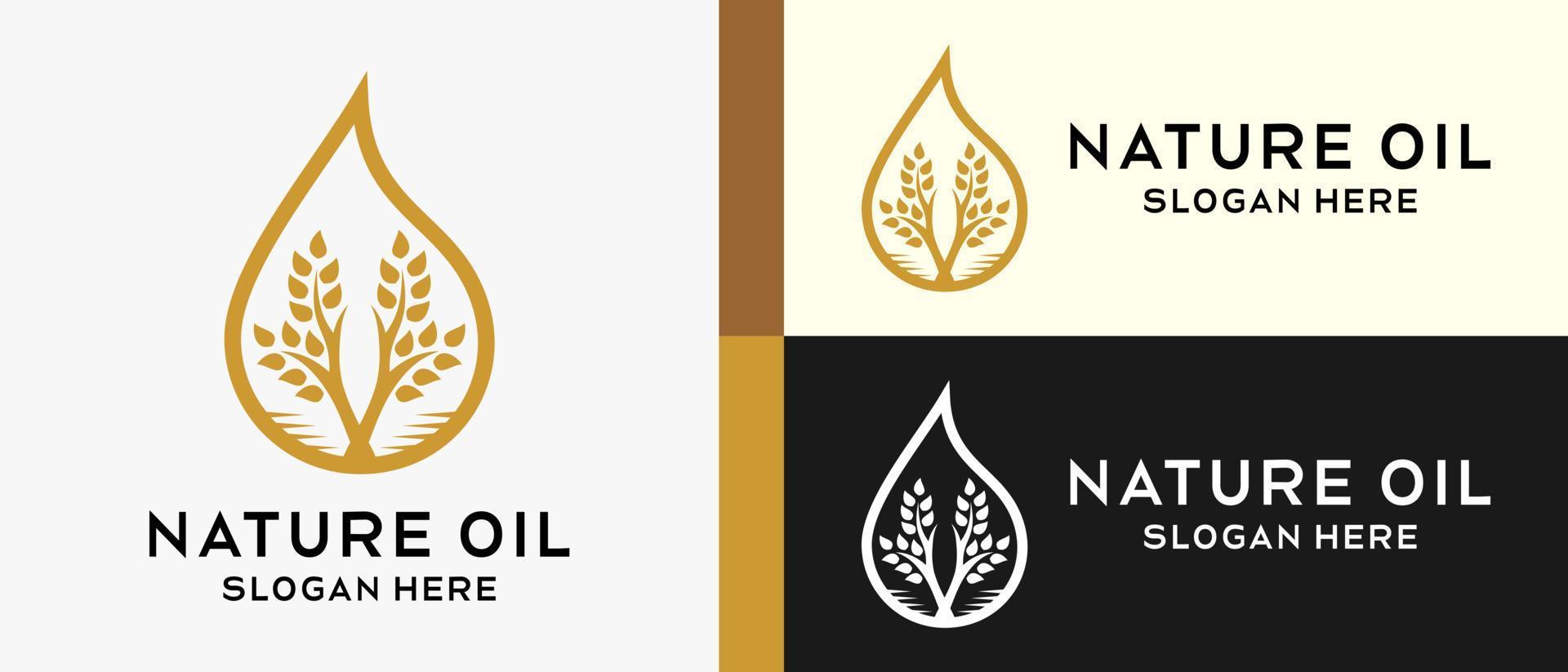 plantilla de diseño de logotipo de aceite natural con concepto de árbol creativo y lujoso en gotas de aceite o agua. vector de ilustración de logotipo premium