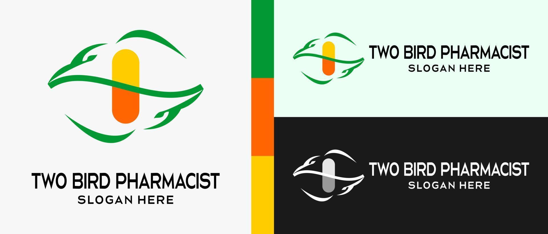 pharmacy logo design template with abstract bird's head element concept and pills. premium logo illustration vector