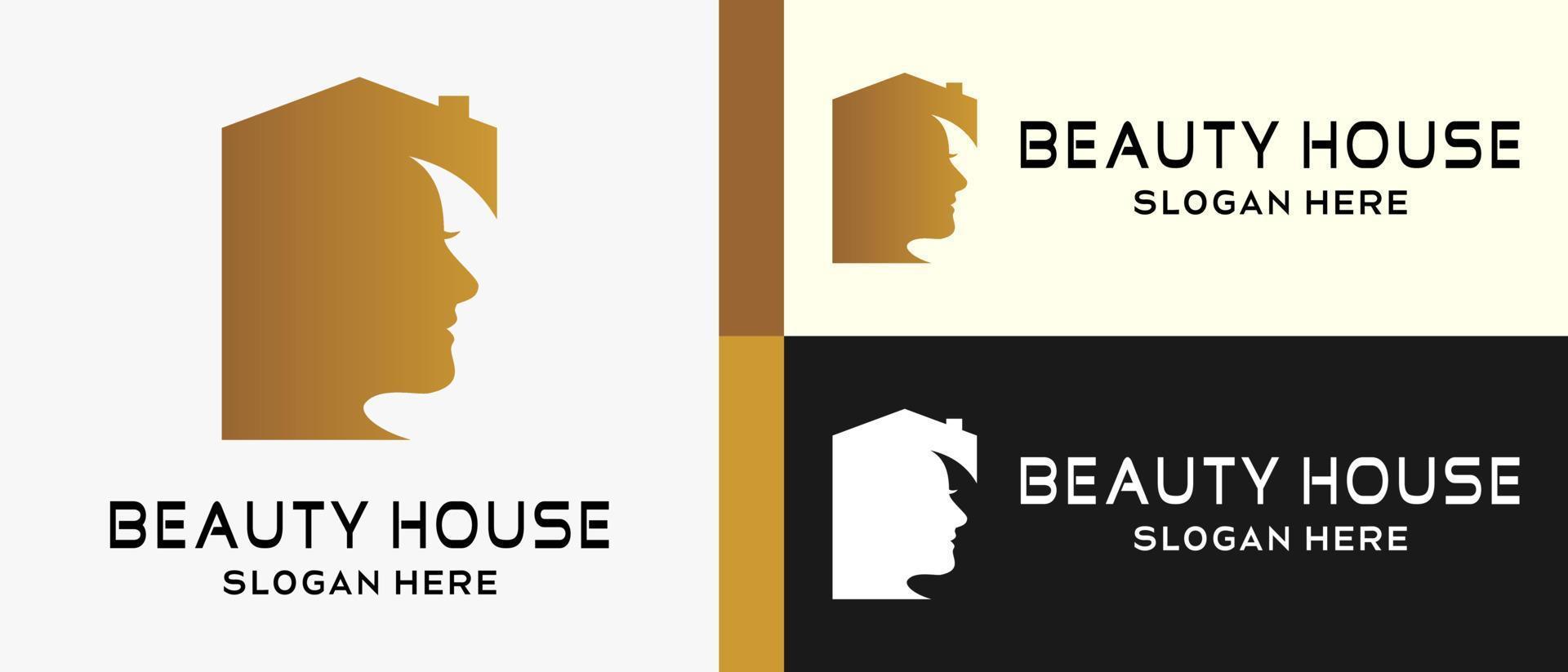 beauty logo design template with woman face and house icon in creative concept. beauty hair logo illustration, hair care and salon, premium vector