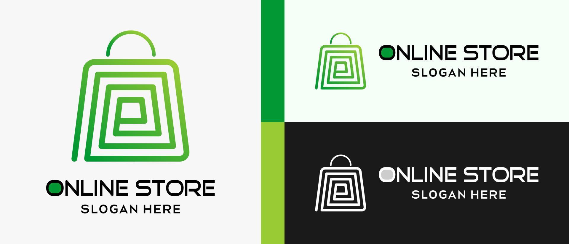 compras en línea o plantilla de diseño de logotipo de tienda en línea con el concepto de elemento de bolsa de compras en el arte de línea moderna. vector de ilustración de logotipo de tienda en línea premium