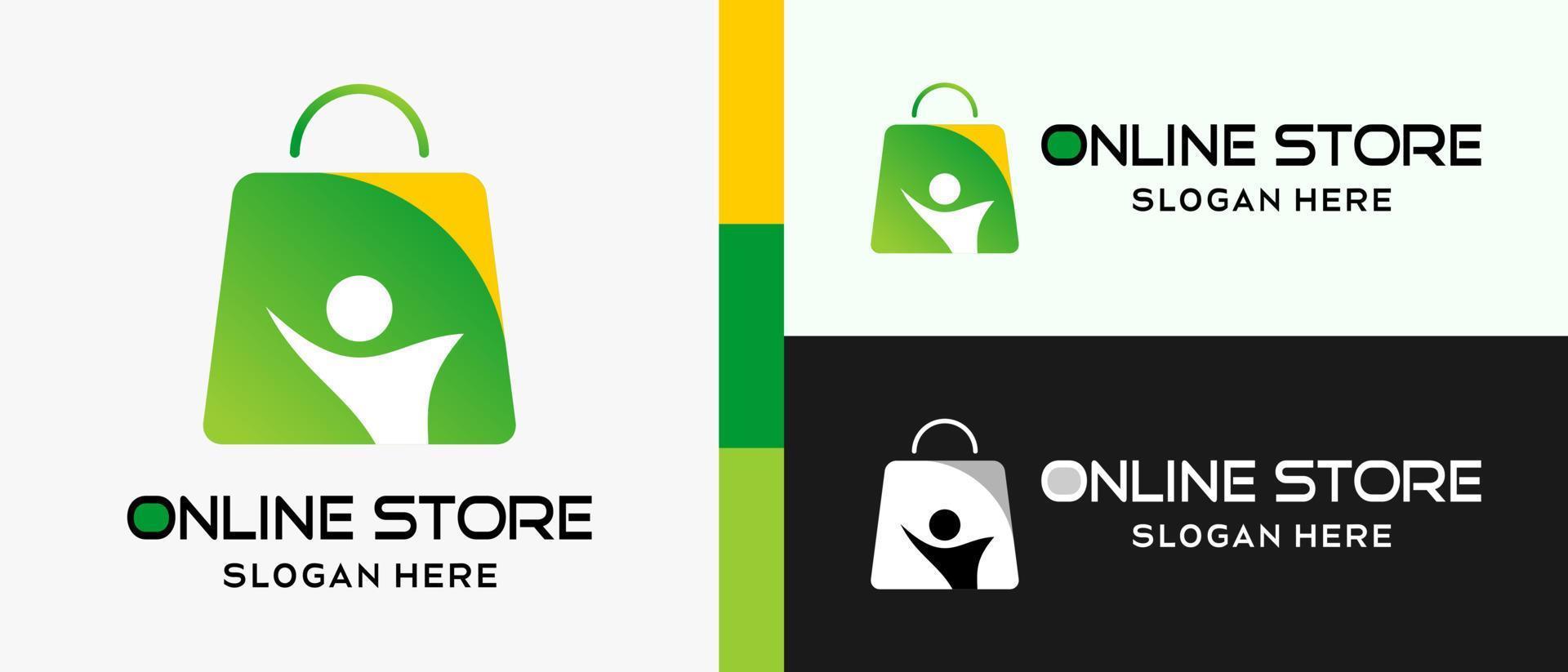 compras en línea o plantilla de diseño de logotipo de tienda en línea con elementos de bolsa de compras e icono de personas en concepto creativo. vector de ilustración de logotipo de tienda en línea premium