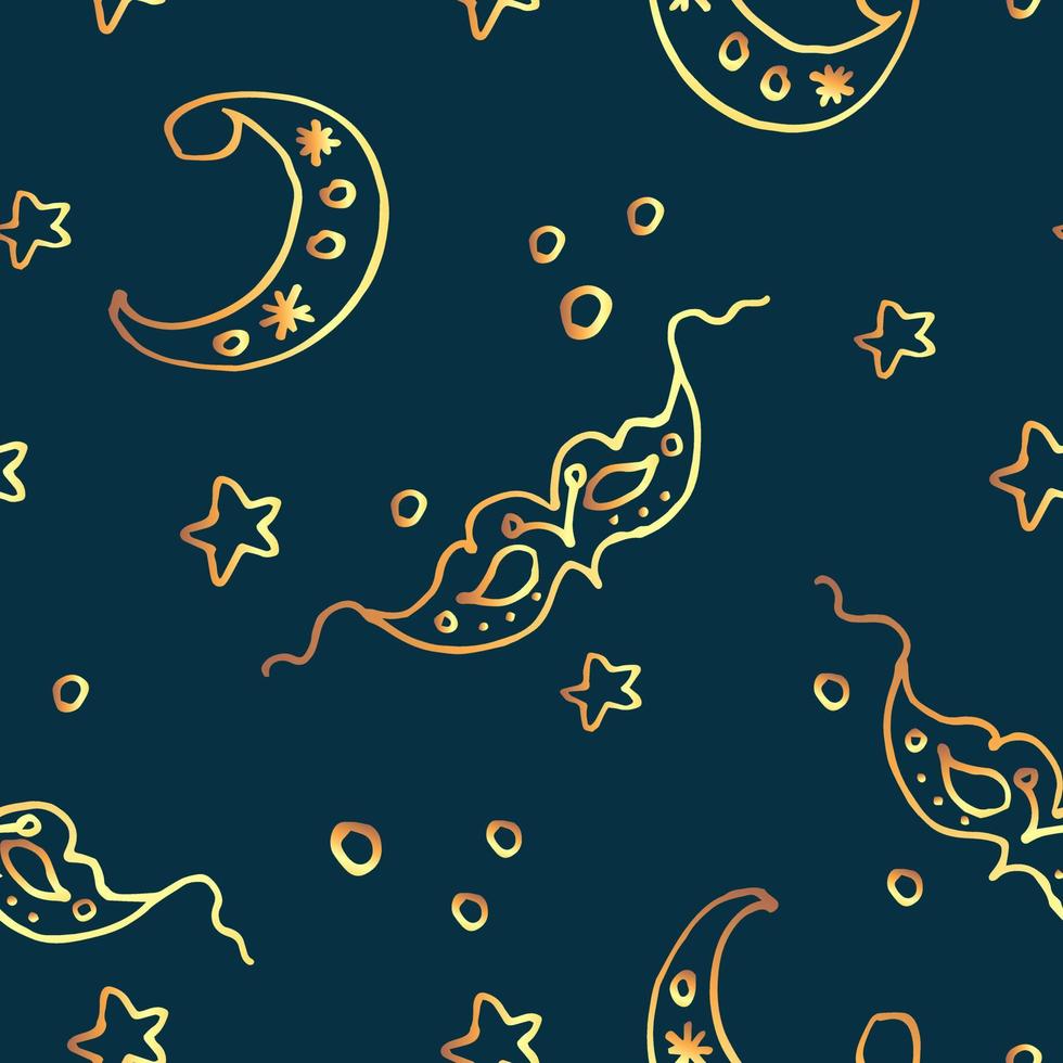 Seamless pattern with moon and stars on dark sky background in doodle style. Vector  illustration