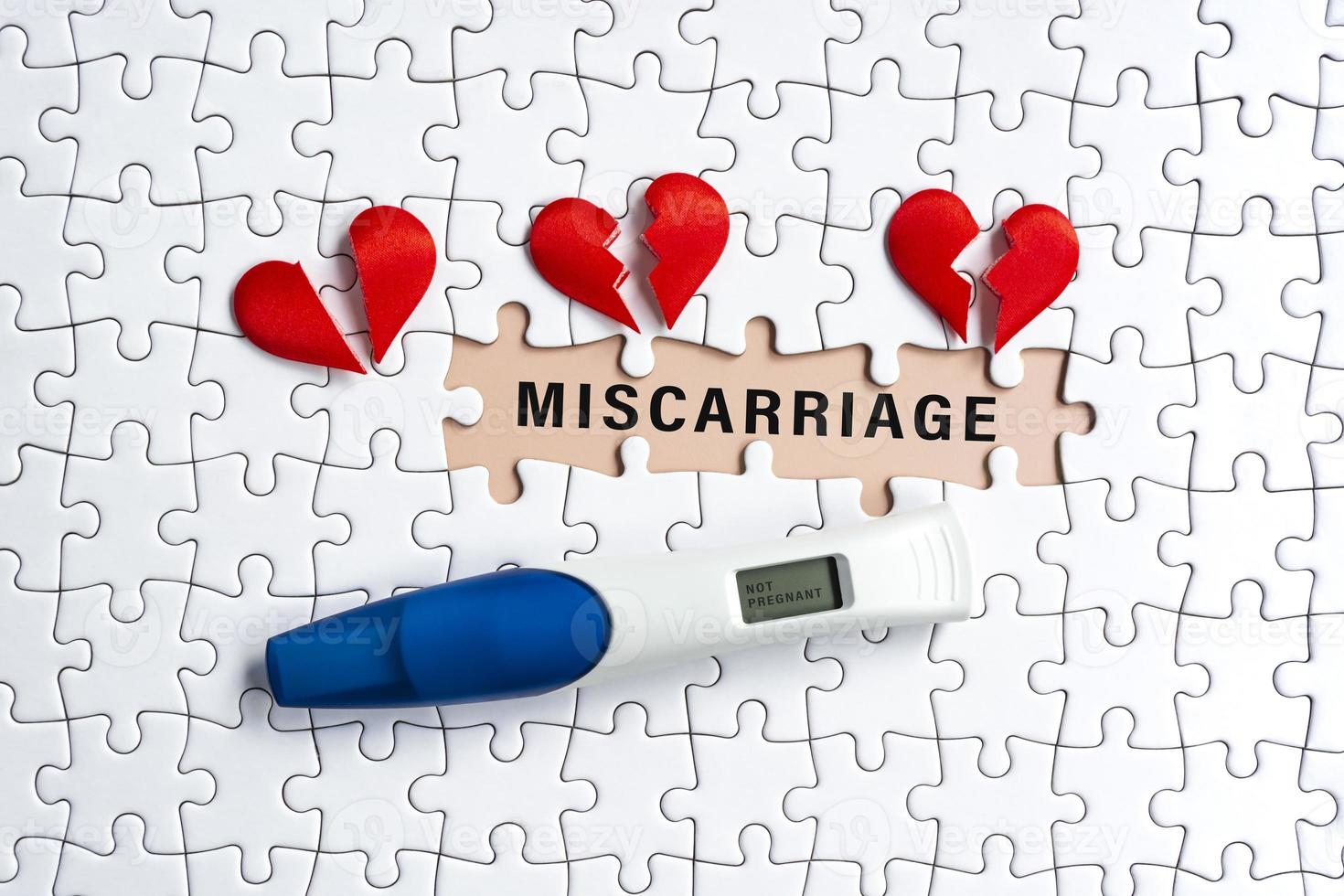 White jigsaw puzzle with miscarriage word over orange background. photo