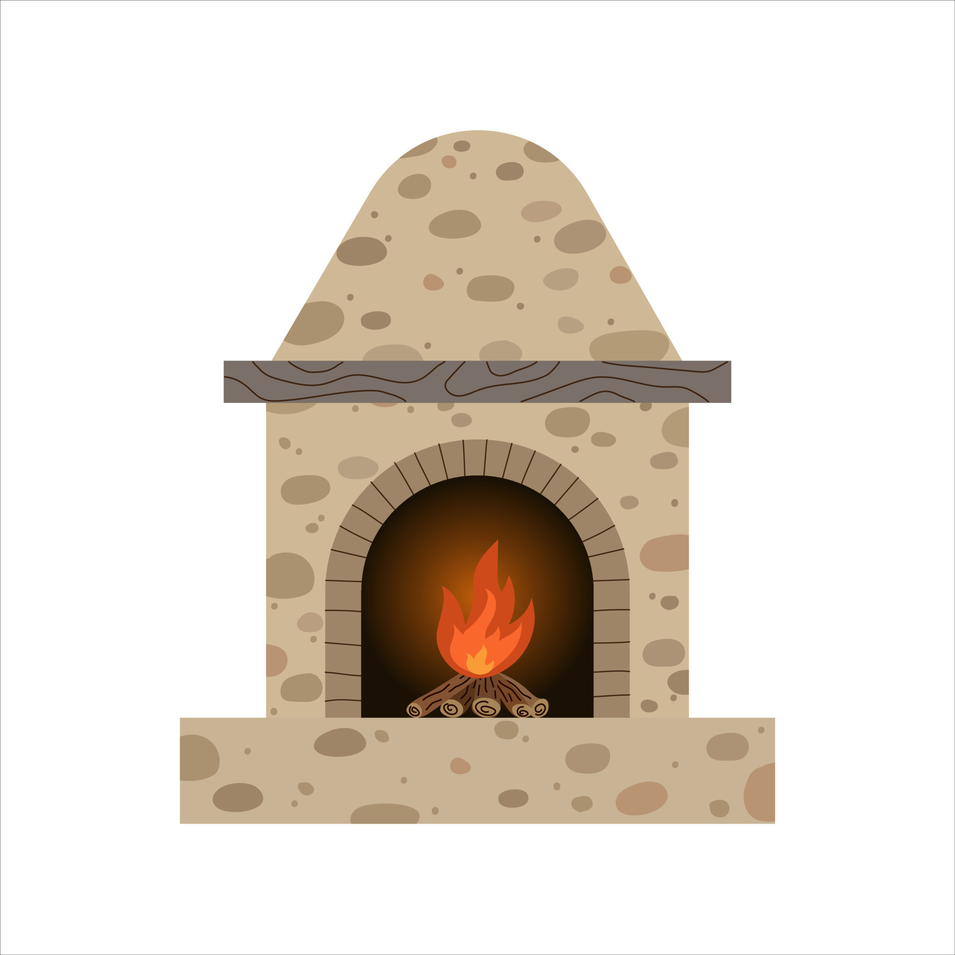 A fireplace made of stone and a fire inside the oven. An element of the
