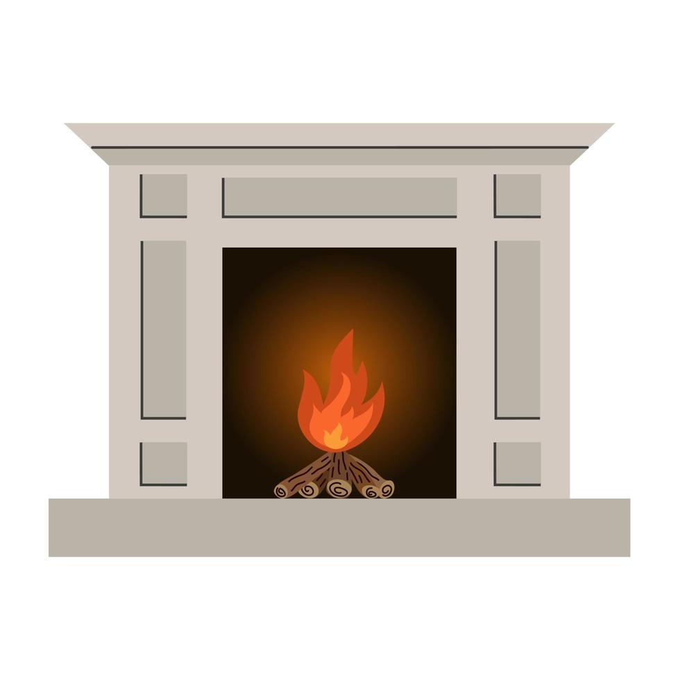 A classic  fireplace with niches and a fire inside the oven. An element of the living room interior. Vector illustration.